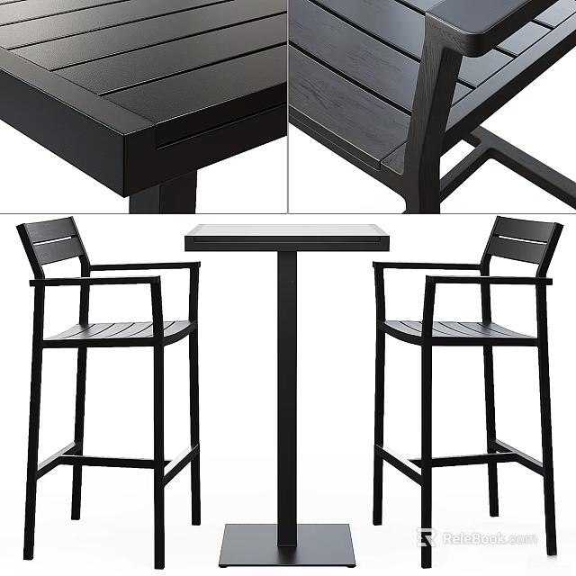 Modern Black Bar Counter Design With Table Top And Matching Stools 3d model 