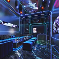 Modern KTV Interior With Blue Purple Neon Lights Comfortable Sofas Large Screens Starry Ceiling Decor