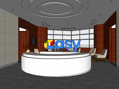 Modern Office Reception Area With White Circular Desk Large Windows Wooden Panels And Ceiling Design 3d model