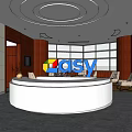 Modern Office Reception Area With White Circular Desk Large Windows Wooden Panels And Ceiling Design