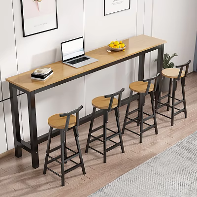 Modern Bar Counter With Wooden Top Black Metal Frame Laptop Fruit Bowl And Four Stools 3d model