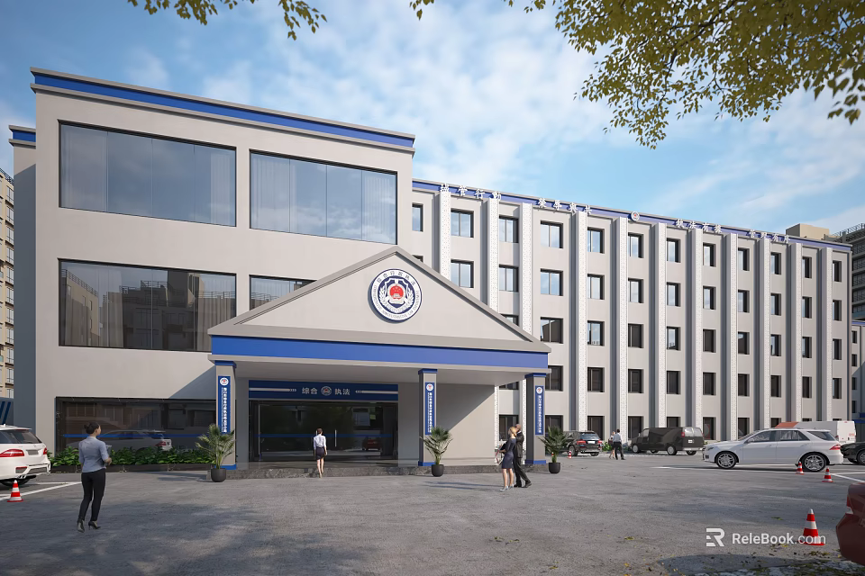 Modern Office Building Exterior With Blue Canopy Entrance Circular Logo Green Trees And Pedestrians 3d model 