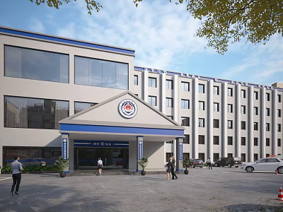 Modern Office Building Exterior With Blue Canopy Entrance Circular Logo Green Trees And Pedestrians 3d model