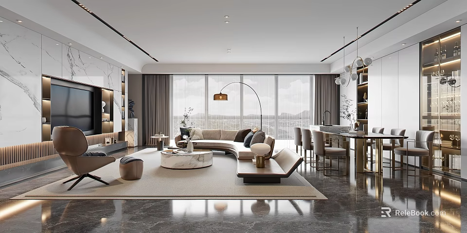 Modern Living and Dining Room With Beige Sofa Coffee Table Floor to Ceiling Windows 3d model 
