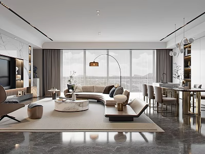 Modern Living and Dining Room With Beige Sofa Coffee Table Floor to Ceiling Windows 3d model