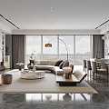 Modern Living and Dining Room With Beige Sofa Coffee Table Floor to Ceiling Windows