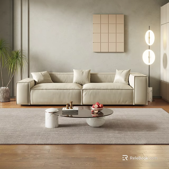 Modern Minimalist Beige Two-Seater Sofa With Floor Lamp Coffee Table Rug And Wall Art 3d model 