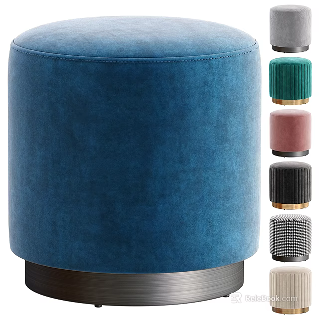 Round Velvet Upholstered Ottoman Blue And Multi Color Options With Metal Base 3d model 