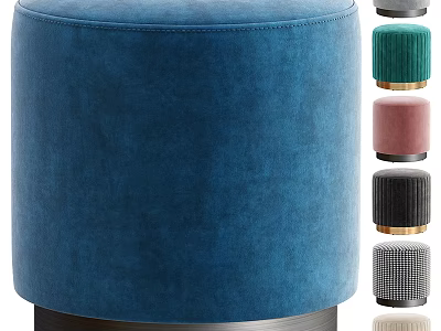 Round Velvet Upholstered Ottoman Blue And Multi Color Options With Metal Base 3d model
