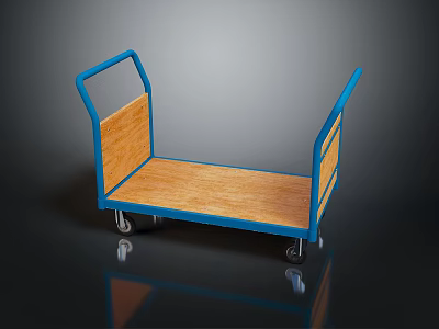 Sturdy Blue Frame Wooden Platform Handcart With Movable Wheels And Handle 3d model