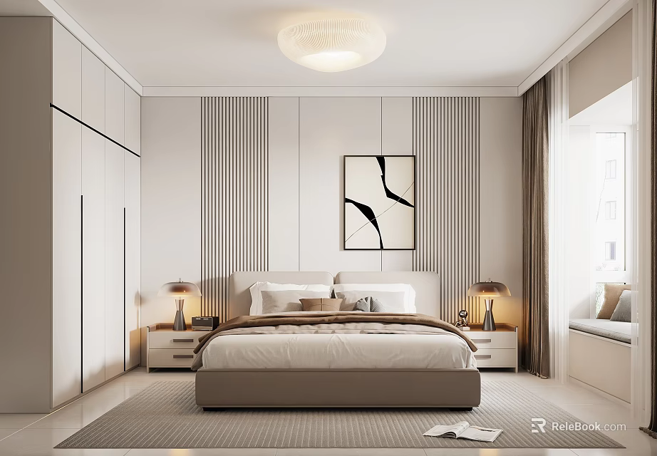 Modern Minimalist Bedroom Interior Design With Bedside Tables Rug And Decorative Painting 3d model 