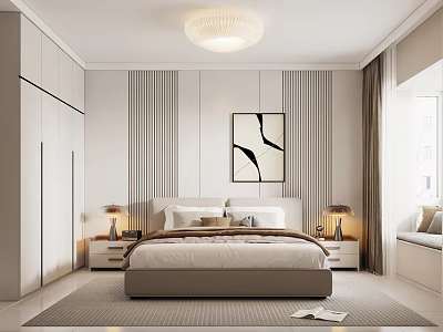 Modern Minimalist Bedroom Interior Design With Bedside Tables Rug And Decorative Painting 3d model