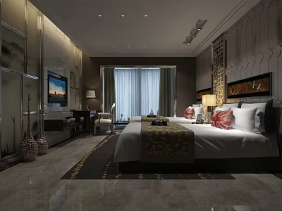 Hotel Guest Room Interior with Twin Beds Decorative Wall Art Nightstands Window Curtains and TV 3d model