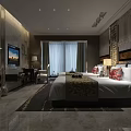 Hotel Guest Room Interior with Twin Beds Decorative Wall Art Nightstands Window Curtains and TV