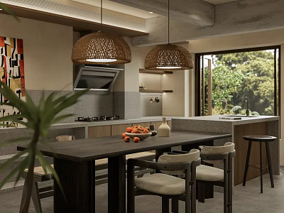 Modern Restaurant Interior With Rattan Pendant Lights Open Kitchen Marble Island And Green Plants 3d model