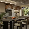 Modern Restaurant Interior With Rattan Pendant Lights Open Kitchen Marble Island And Green Plants