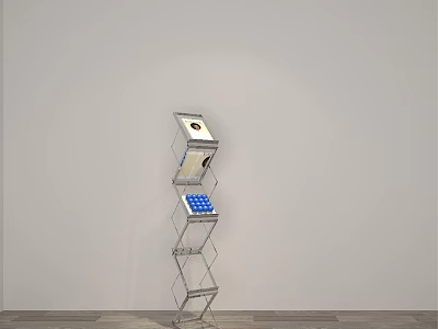 Metal Display Shelf With Multiple Tiers Holding Blue Cubes And Boxes Against White Wall Wooden Floor 3d model