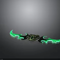 Green Glowing Double Scythe Weapon With Flame Shaped Edges And Central Emblem