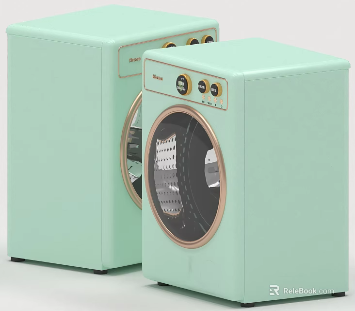Two Light Green Stylish Washing Machines With Modern Design Metallic Trim Circular Door 3d model 