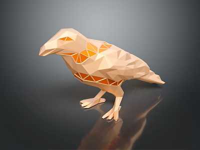 Golden Low Poly Crow Model Standing On Black Smooth Surface With Geometric Cut Details 3d model