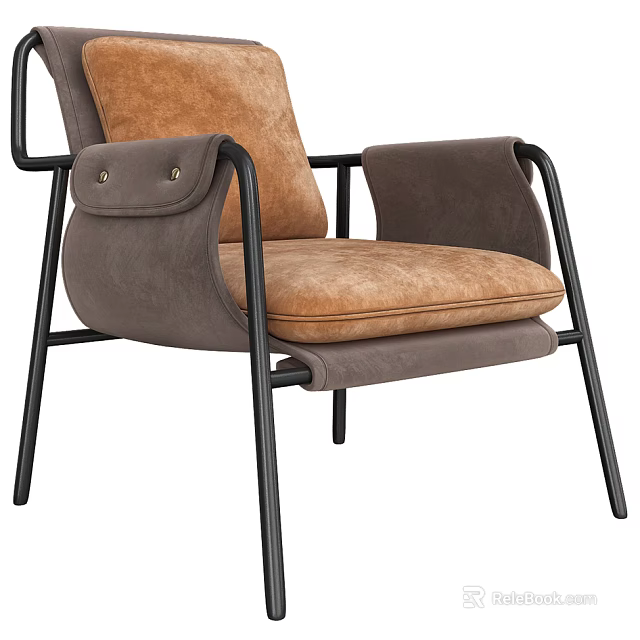 Modern Upholstered Leisure Chair With Brown Cushion Dark Gray Armrests And Black Metal Frame 3d model 