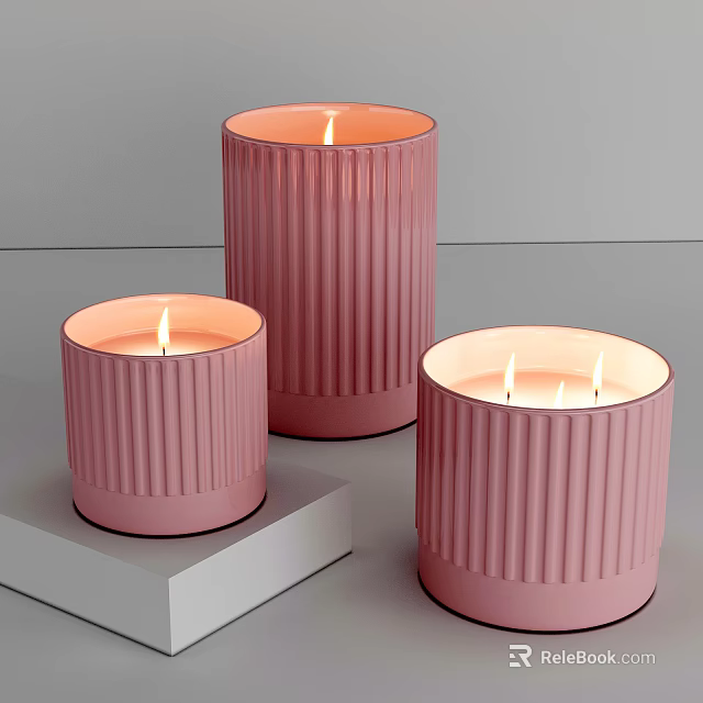 Pink Ribbed Candle Lamps Three Lit Decorative Candle Lamps With Ribbed Design On White Platform 3d model 