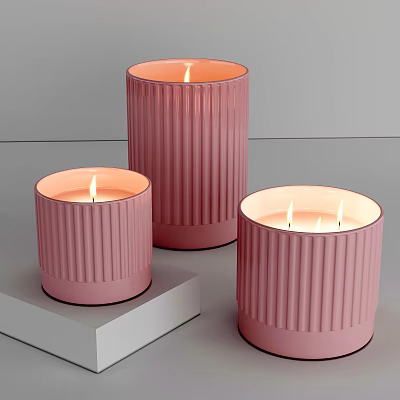 Pink Ribbed Candle Lamps Three Lit Decorative Candle Lamps With Ribbed Design On White Platform 3d model