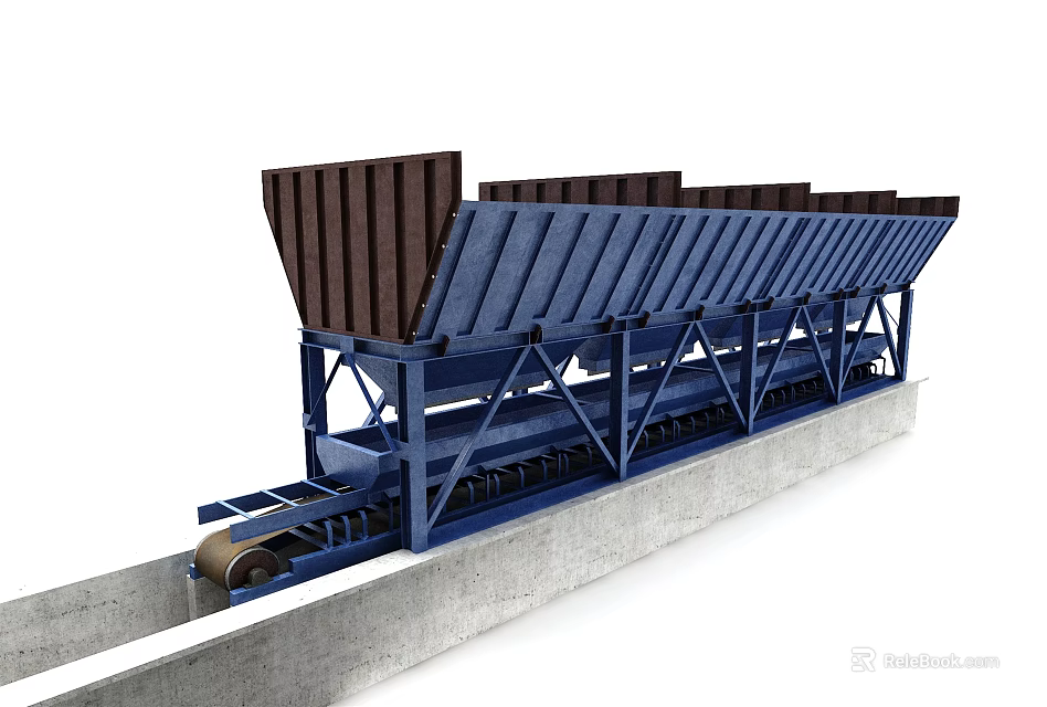 Industrial Conveyor Equipment With Blue Structure Multiple Hoppers On Concrete Foundation 3d model 