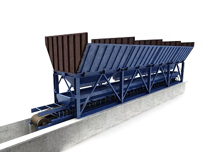 Industrial Conveyor Equipment With Blue Structure Multiple Hoppers On Concrete Foundation 3d model