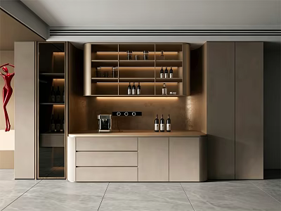 Elegant Modern Sideboard With Open Shelves LED Lighting Marble Top And Storage Cabinets 3d model
