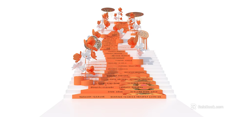 Elegant Floral Installation on Staircase with Orange and White Flowers and Umbrella Shaped Decorations 3d model 