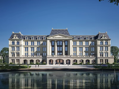 Classical Symmetrical Office Building With Water Pond Reflection And Green Lawn Exterior 3d model
