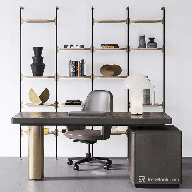 Modern Dark Wooden Desk With Ergonomic Chair Table Lamp Books And Stylish Bookshelf 3d model 