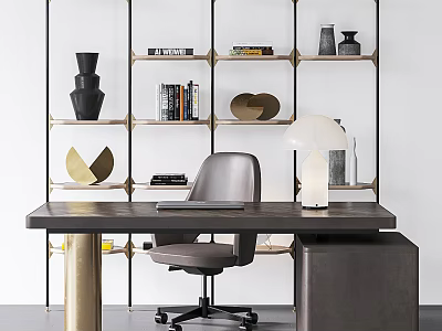 Modern Dark Wooden Desk With Ergonomic Chair Table Lamp Books And Stylish Bookshelf 3d model