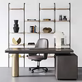 Modern Dark Wooden Desk With Ergonomic Chair Table Lamp Books And Stylish Bookshelf