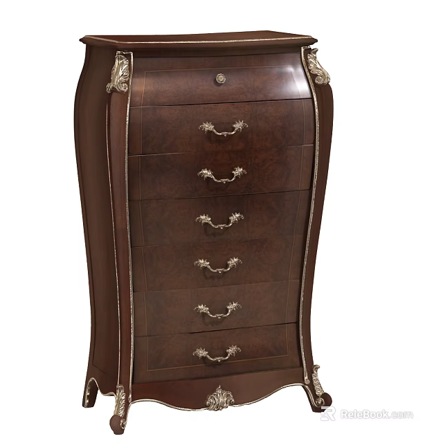 Antique Wooden Chest of Drawers with Ornate Handles and Carved Decorative Edges 3d model 