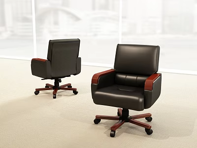Modern Leather Office Chairs With Wooden Armrests And Rolling Casters In Bright Office Space 3d model