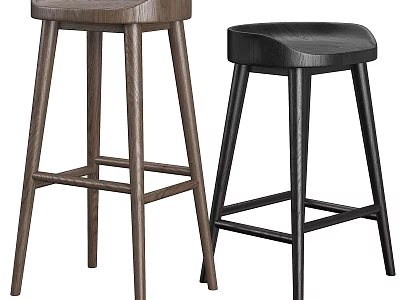 Two Stylish High Legged Bar Stools In Brown Wooden And Black Finishes With Crossbar 3d model