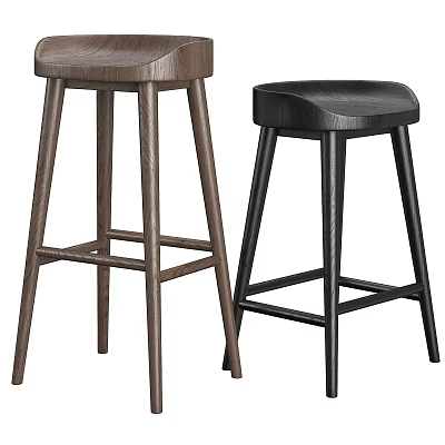 Two Stylish High Legged Bar Stools In Brown Wooden And Black Finishes With Crossbar 3d model