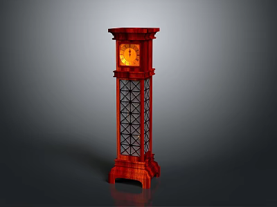 Vintage Red Wooden Grandfather Clock With Lattice Design And Yellow Clock Face 3d model