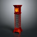 Vintage Red Wooden Grandfather Clock With Lattice Design And Yellow Clock Face