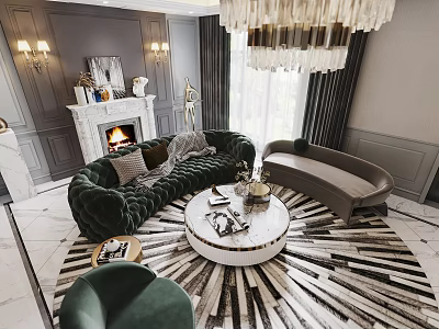 Elegant Modern Living Dining Room Interior With Green Sofa Round Coffee Table And Chandelier 3d model