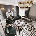 Elegant Modern Living Dining Room Interior With Green Sofa Round Coffee Table And Chandelier