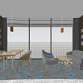 Modern Café Interior Design With Curved Brick Counter Wooden Tables Chairs And Ceiling Lights