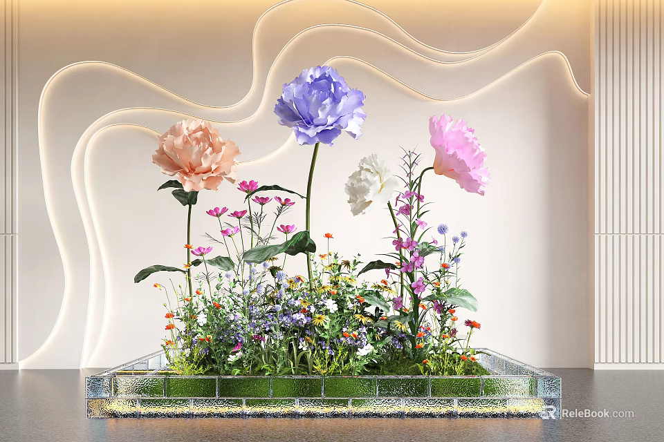 Colorful Interior Landscape With Purple Pink Flowers Green Grass Transparent Tray And Wavy Lights 3d model 