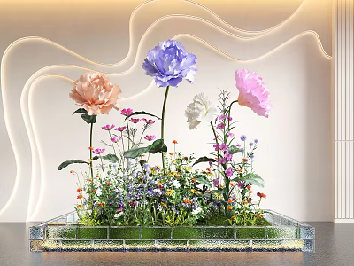 Colorful Interior Landscape With Purple Pink Flowers Green Grass Transparent Tray And Wavy Lights 3d model