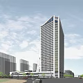 Modern Urban Commercial Complex With High Rise Building And Low Rise Retail Spaces