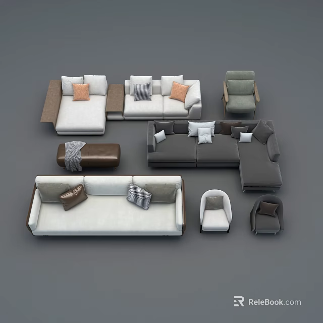 Modern Sofa Set Collection With Different Styles Pillows Ottomans And Armchairs 3d model