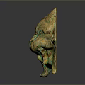 Ancient Bronze Mythical Beast Head Artifact With Green Patina And Gold Details
