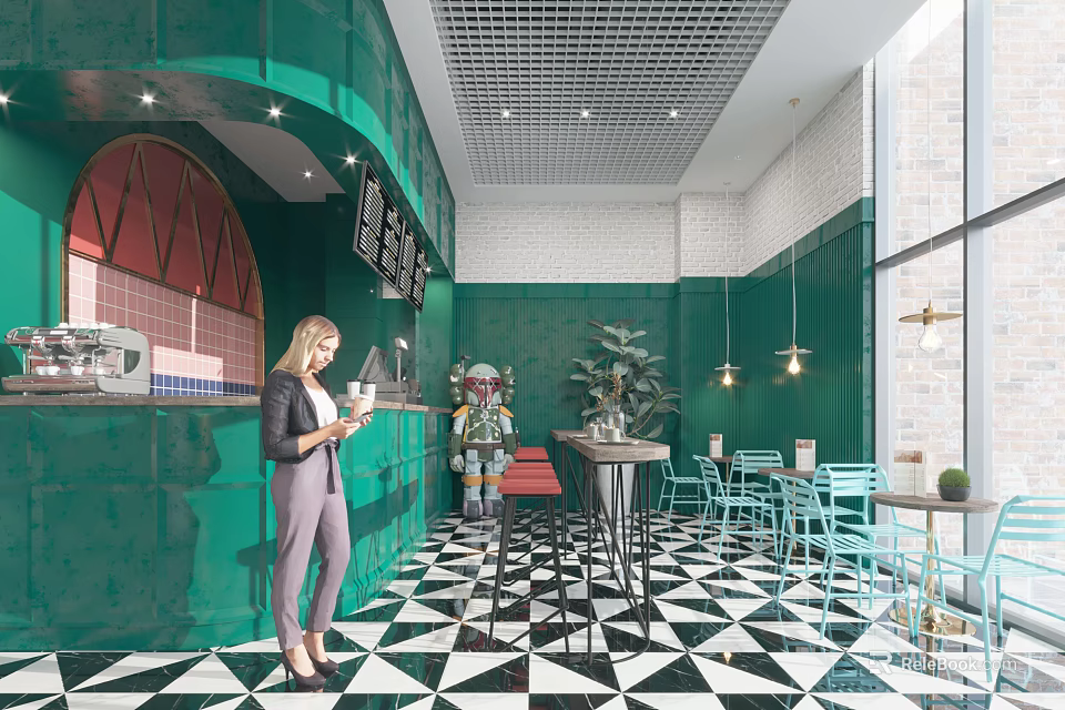 Stylish Green Cafe Interior With Black White Checkered Floor Blue Chairs Red Arch And Green Plants 3d model 